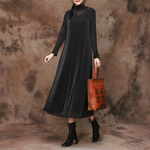 2023秋季新款高领透视打底裙修身显瘦珍珠纱裙连衣裙修身长款裙子