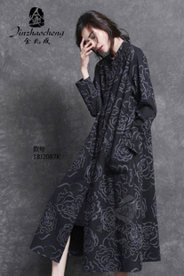 女装 时尚 立领修身 金兆成2019秋季 开衫 大码 印花气质长款 外套冬 新款
