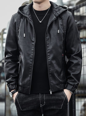 连帽皮衣男士秋冬季新款韩版薄绒皮夹克潮流休闲机车服工装外套