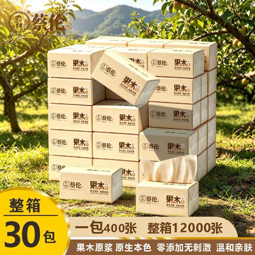 蔡伦果木本色400张酒店抽纸家用卫生纸整箱商用餐巾纸加厚四层