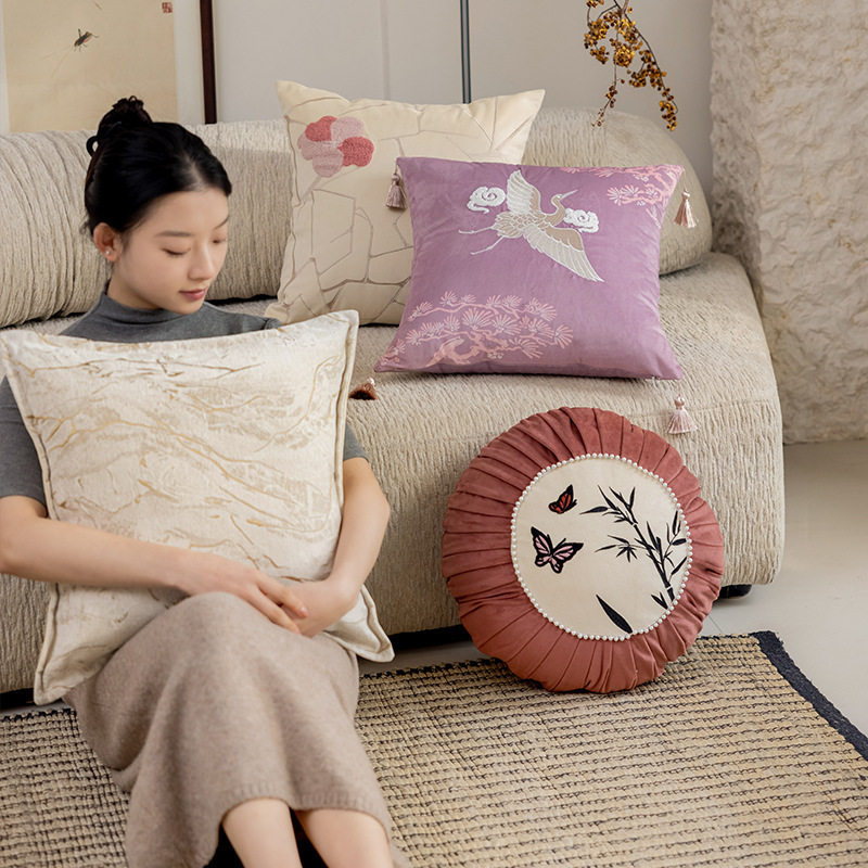 仙鹤刺绣沙发抱枕套新中式轻奢刺绣靠套装饰靠枕床头靠靠背