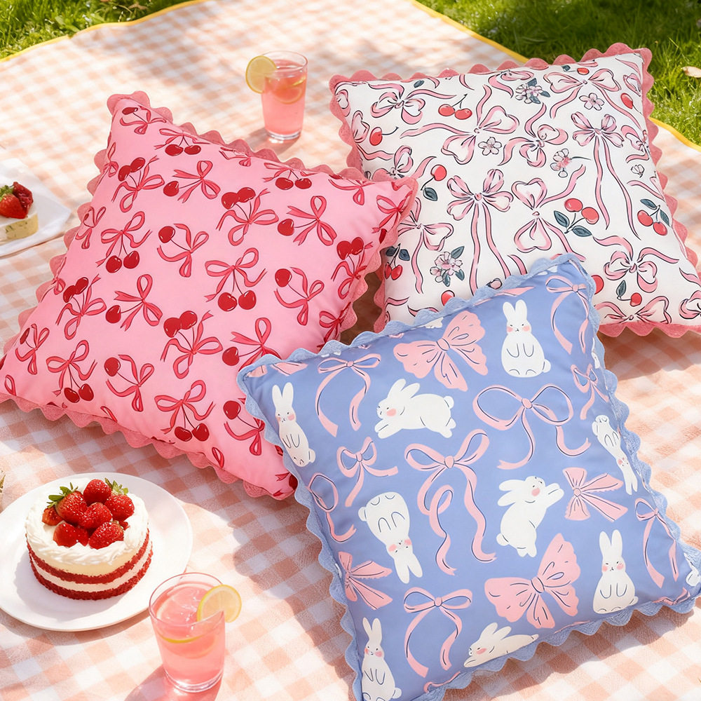 北欧ins蝴蝶结花卉印花弯花边抱枕套 可爱少女沙发卧室靠垫,居家布艺,抱枕被,淘宝优惠券,粉丝福利购,淘宝优惠卷