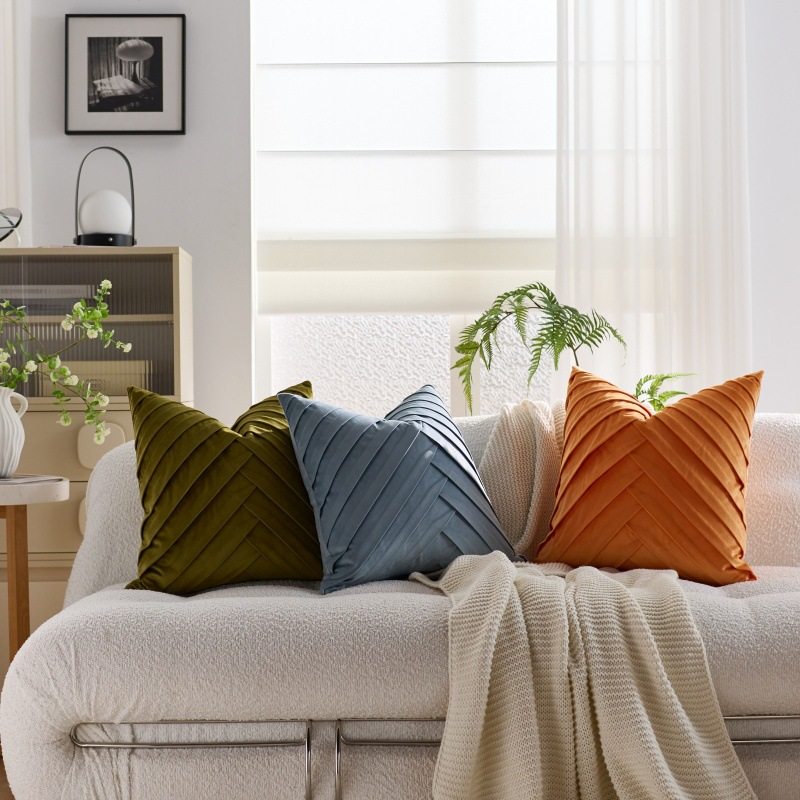 抱枕套荷兰绒V字纹压皱客厅沙发靠枕办公室腰靠不含芯