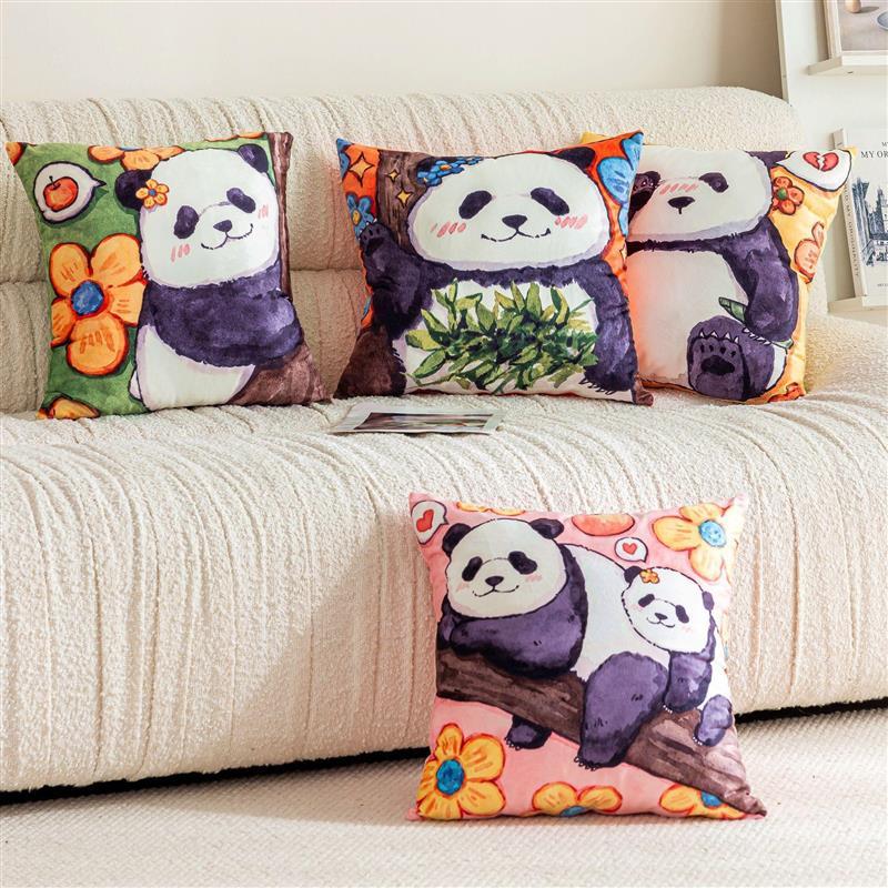 插画熊猫花花卡通沙发抱枕套