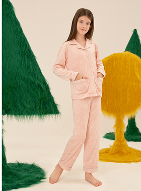 舒雅童装儿童新品女童超柔绒翻领爱心剪花毛绒睡衣家居服套装