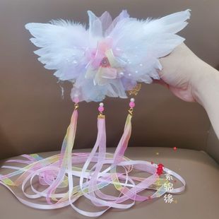 汉服头饰羽毛超仙古风蝴蝶发饰发夹后压长飘带仙气流苏古装 配饰