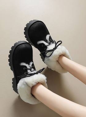 翻毛皮七孔马丁靴女5厘米厚底系带真皮冬季加绒加厚羊毛雪地靴子