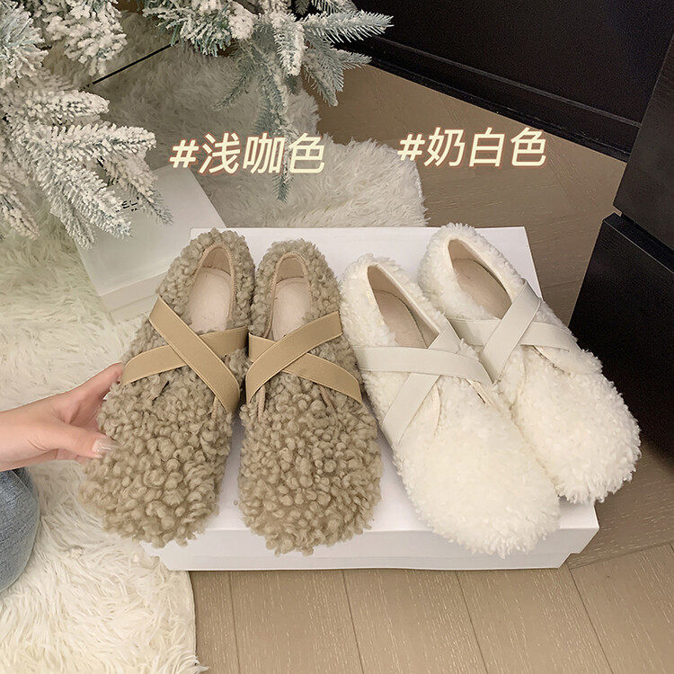 ins千金芭蕾风加绒毛毛鞋2024冬季外穿羊卷毛玛丽珍单鞋女