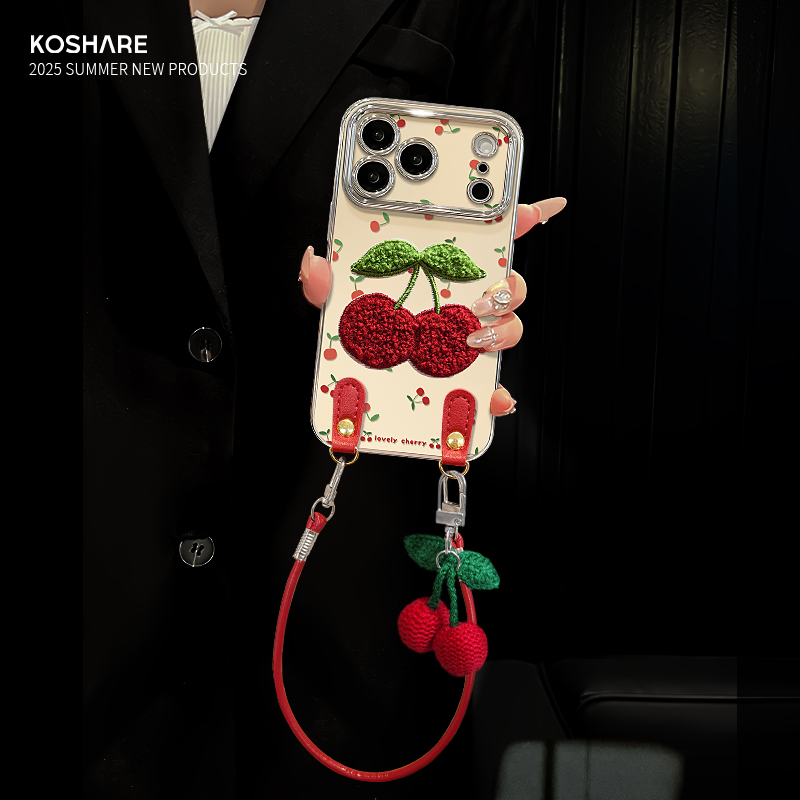 适用OPPO毛绒樱桃挂绳手机壳