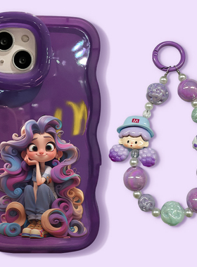 适用opporeno13新款手机壳reno12/11pro隐形双支架一体10/9可爱女孩链条reno8/7紫色小众6/5全包保护套波浪边