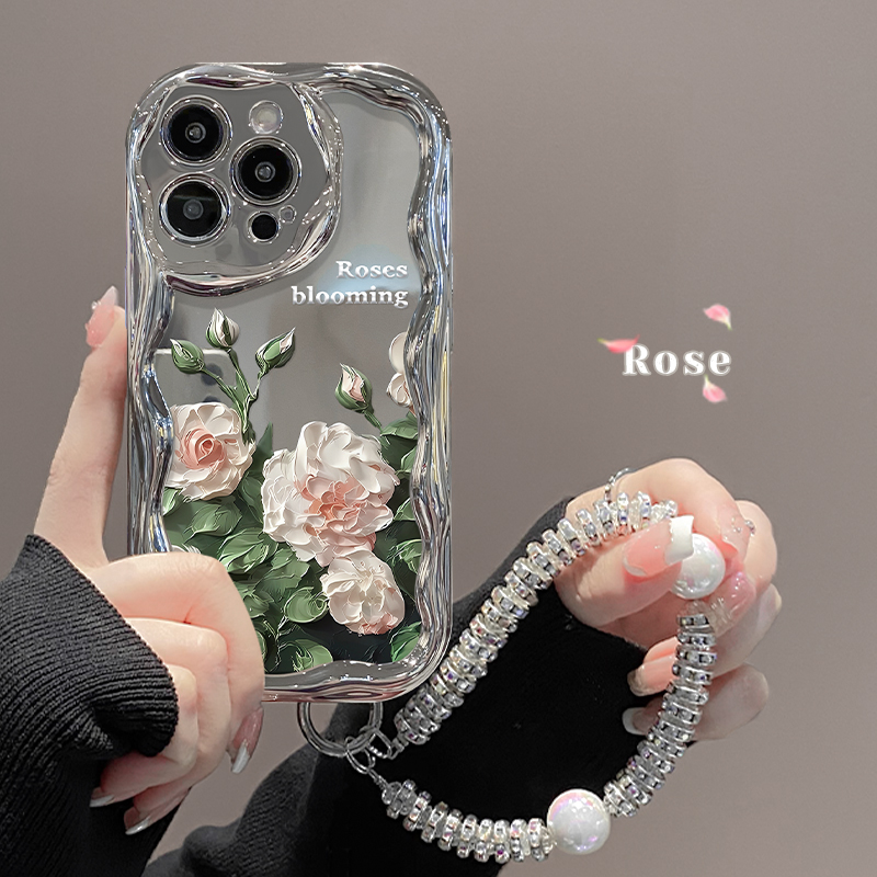适用苹果13pro手机壳16新女款iPhone15promax/14电镀银奶油纹11/12mini硅胶xs/xr绿叶花朵手链8/7plus保护套