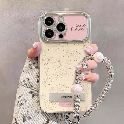 适用苹果17promax手机壳新女款iPhone15promax/16电镀11软硅胶14plus小清新碎花支架手链小众6D视窗xr保护套