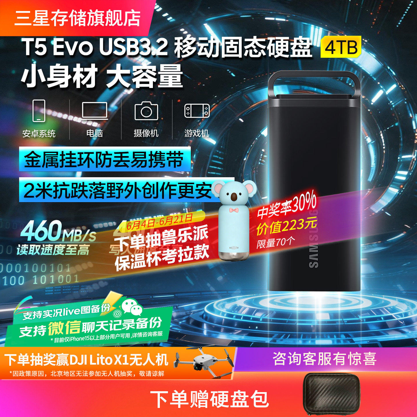 三星T5 EVO移动固态硬盘4T USB3.2电脑手机平板相机两用外置PSSD