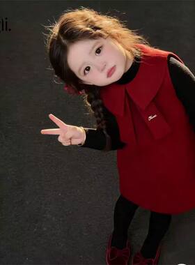 柠里小香风a版生日裙子女童过年红色背心裙套装洋气新年喜庆裙装