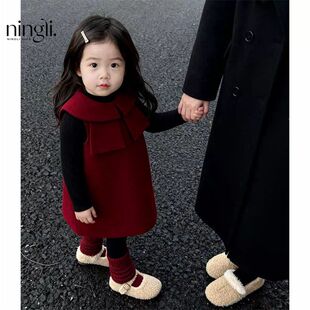 柠里新年服女童连衣裙冬季女宝宝红色蝴蝶结毛呢小香风生日背心裙