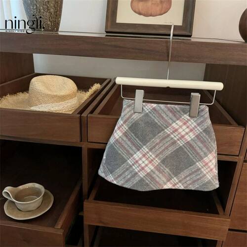 【柠里】复古粉格！韩国童装女宝宝粉色格子半身裙毛呢短裙跨境潮