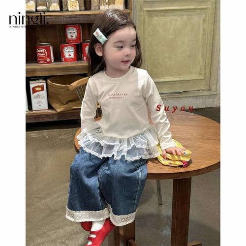 【柠里】女童套装25秋季新品圆领拼接蕾丝长袖+刺绣牛仔直筒裤子