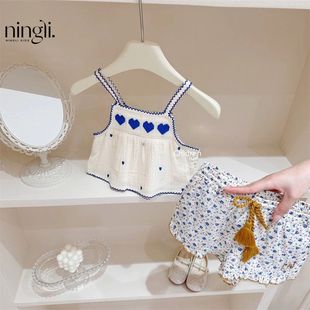 柠里森系风格2025夏季女童绣花爱心背心洋气女宝宝套装短裤两件套