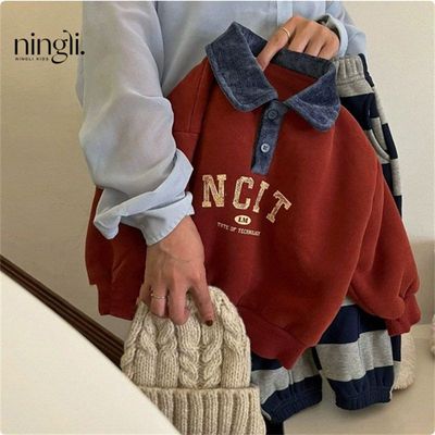 柠里痞帅童装男童加绒卫衣秋冬季加厚红色圣诞节风翻领儿童上衣潮