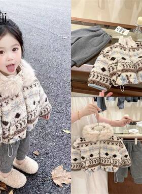 柠里女童圣诞费尔岛毛领棉服秋冬新款儿童宝宝洋气羊羔绒加厚外套