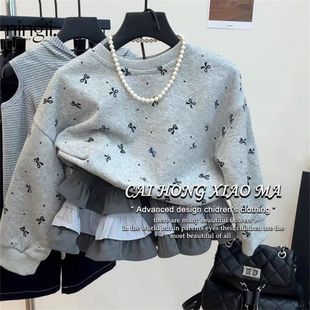2025新款 檸里童裝 女童春裝 洋氣套裝 小女孩蝴蝶結(jié)衛(wèi)衣拼色蛋糕短裙