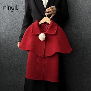 柠里女童宝宝套装冬儿童毛呢斗篷披肩拜年服红色双面呢大衣外套潮