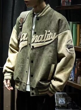 2023年新款棒球服男士春秋绿色飞行员夹克ins美式复古外套男潮