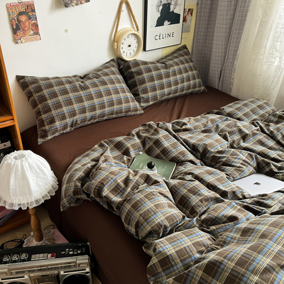 莱伊小镇2026新款全棉纯棉四件套色织水洗棉格子撞色宿舍三件套