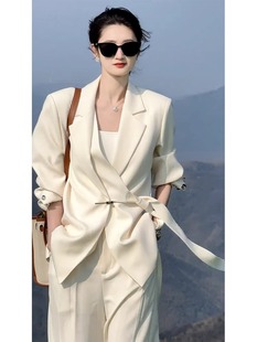 外套宽松阔腿裤 高端职业套装 设计感绑带西装 新款 两件套 女2025春季