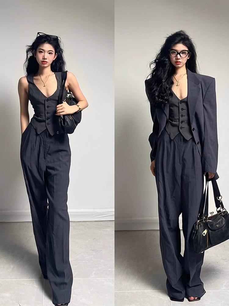 小洋装名媛高端灰色西装套装女2025新款西服马甲阔腿裤三件套高级