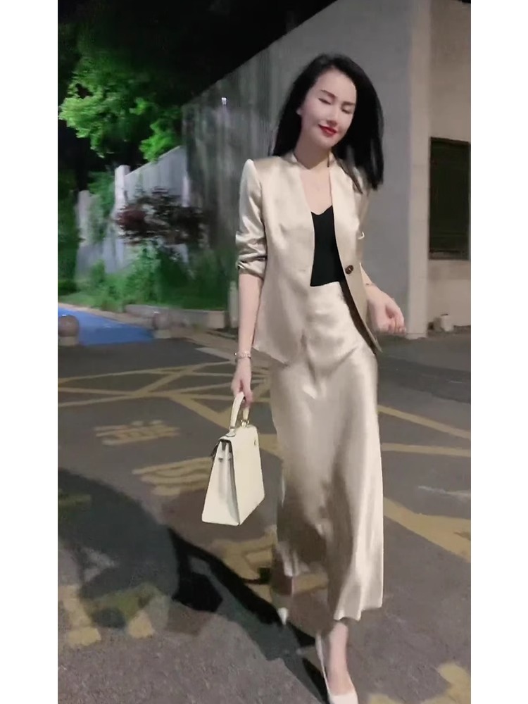 高端职业装气质女神范职场醋酸缎面西装套装裙子两件套夏装高级感