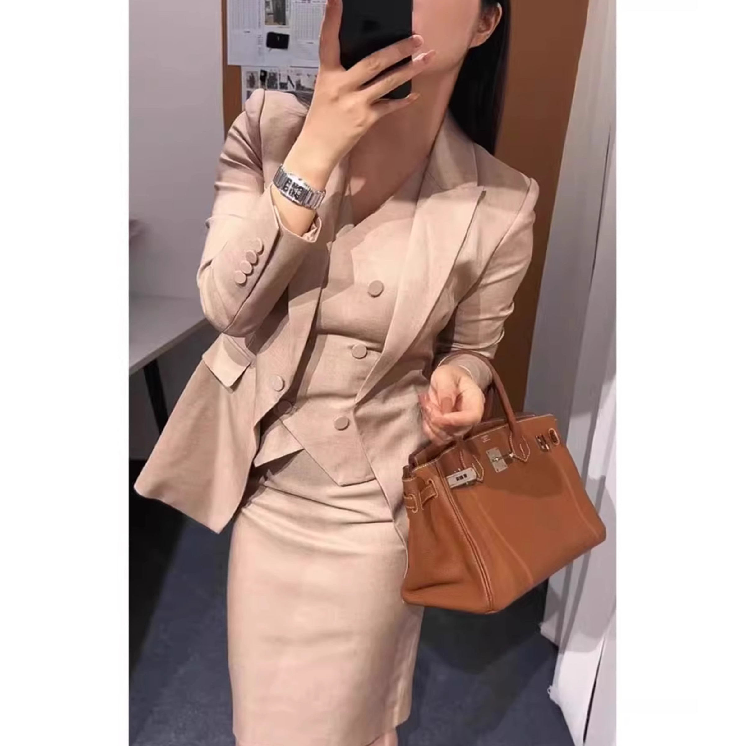 西装套装女2025新款高级感高端定制设计感西服马甲半身裙三件套夏