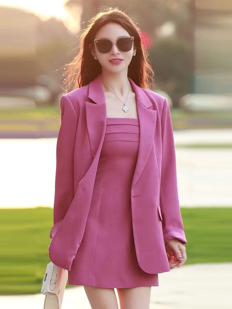 树莓色西装外套加裙子高级时尚套装减龄西服抹胸辣妹裙两件套夏季