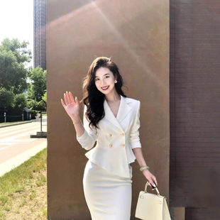 职业小香风长袖时尚白色西装套装裙女高级感西服包臀裙2025新款女
