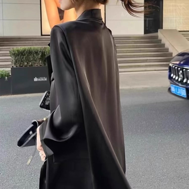 黑色女装薄款西装外套夏季中长款高级感轻奢缎面西服上衣2025新款