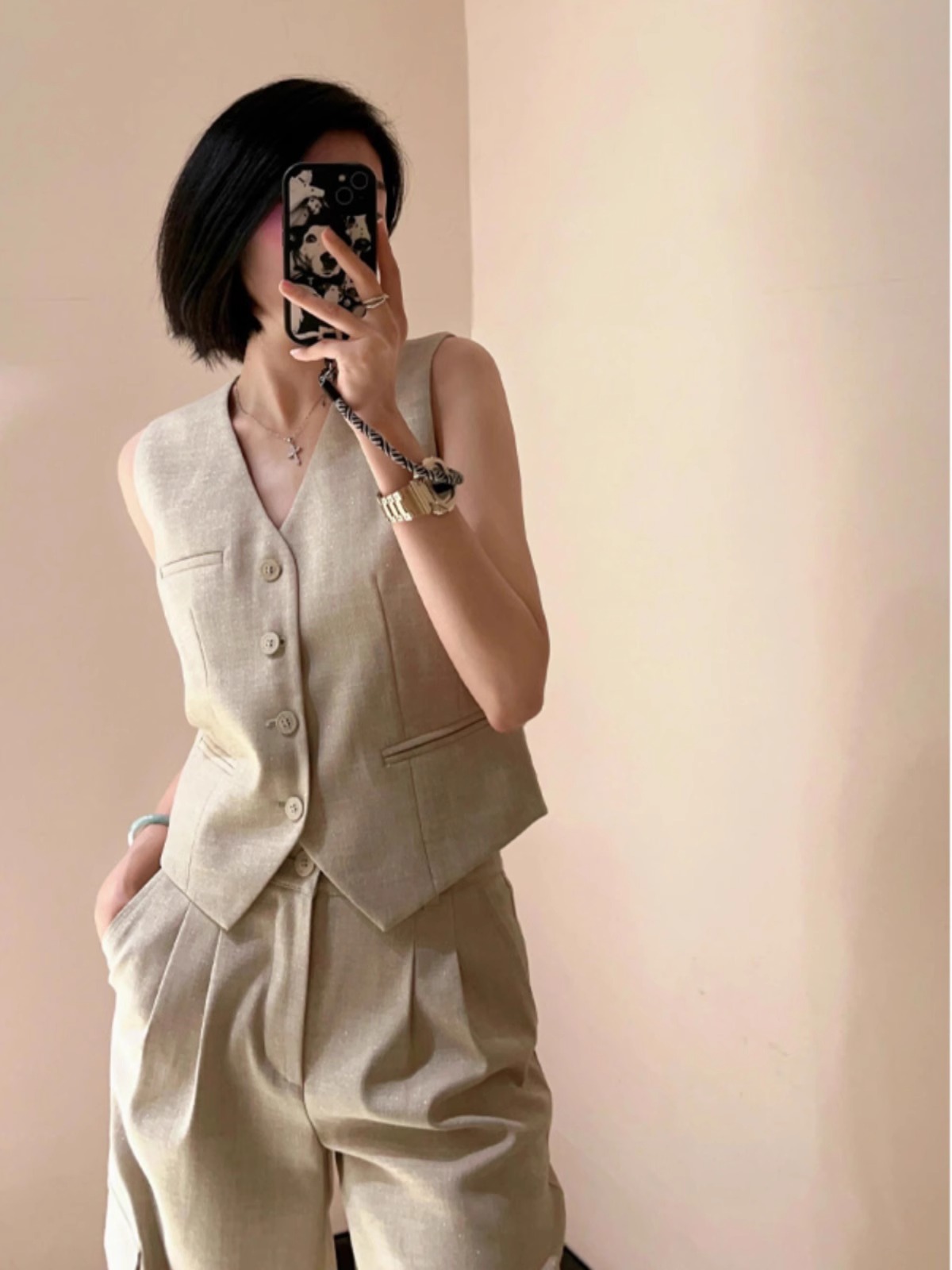 老钱风亚麻女高端棉麻马甲背心上衣阔腿裤时尚套装夏季薄款高级感