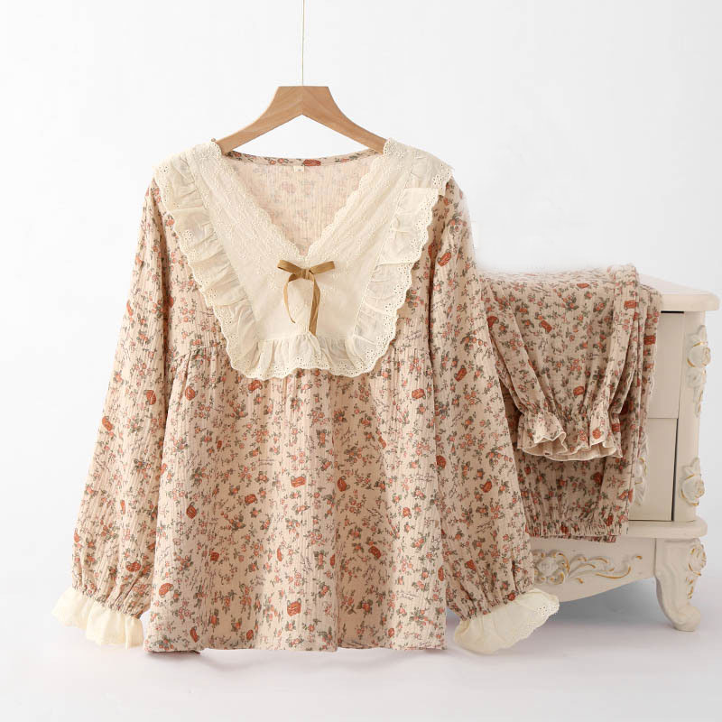 新款秋季复古法式蕾丝V领纯棉纱四季长袖长裤家居服睡裤套装睡衣