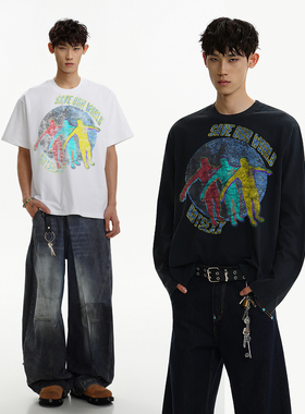 notsexx“拯救地球“水洗正肩小领口短宽boxy短袖t恤长袖男美式