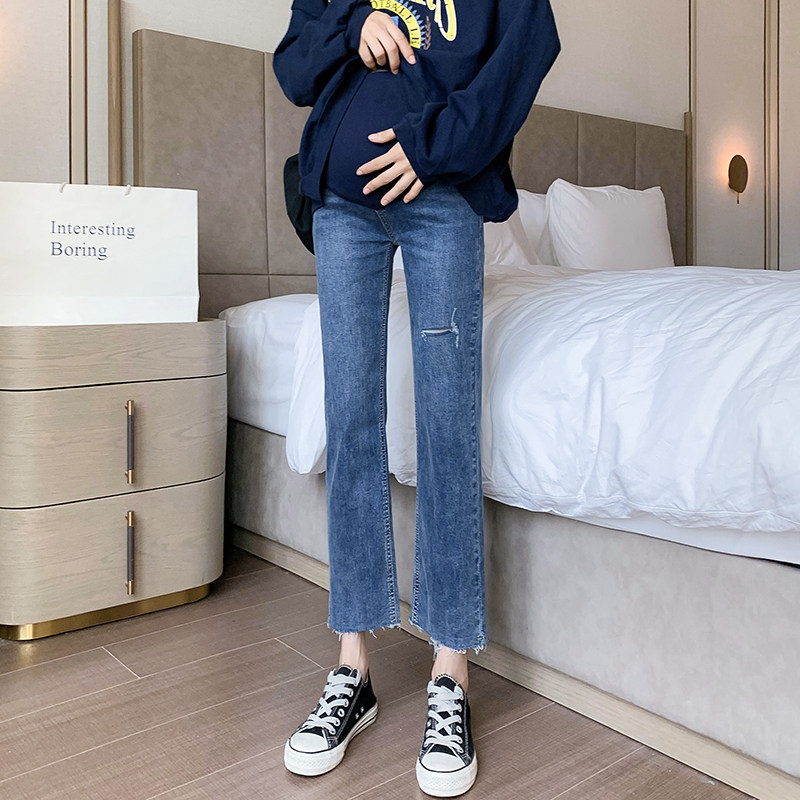 孕妇裤子秋季外穿时尚宽松长裤高腰九分直筒显瘦孕妇牛仔裤春秋款