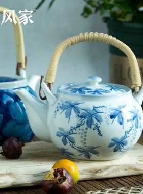 霁风家美浓烧日本进口青花瓷功夫提梁大容量茶杯茶壶茶具套装包邮