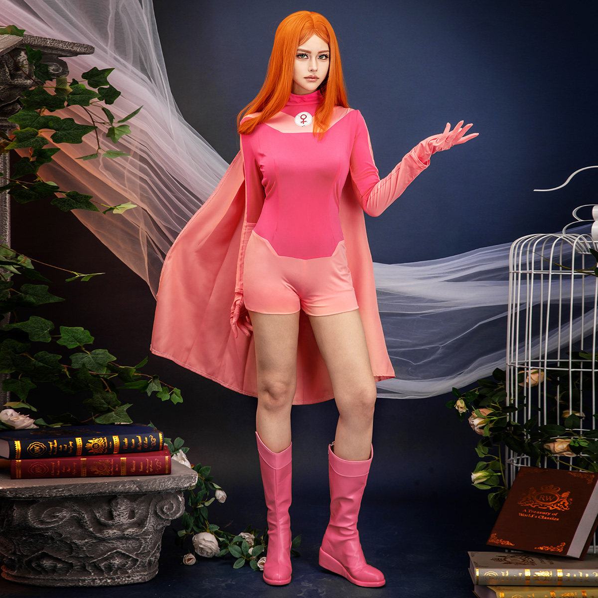 无敌少侠AtomEve原子伊娃Cos服cosplay服装动漫粉色连体战衣披风