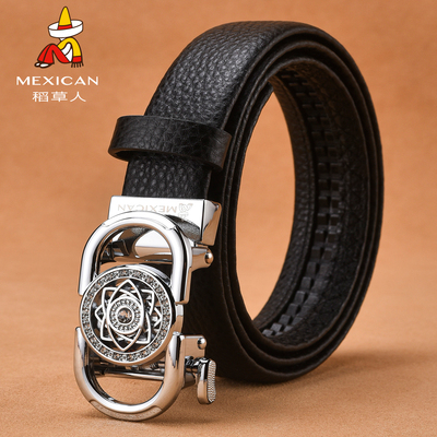 稻草人女士镶钻头层牛皮皮带新款纯牛皮黑色红色白色腰带休闲百搭