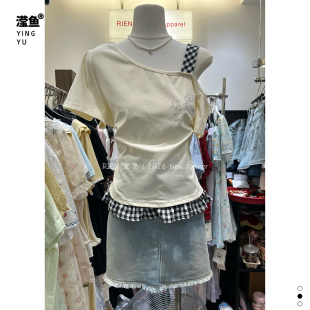 R1987 35071大码假两件斜肩短袖t恤女夏季2026新款设计感显瘦上衣