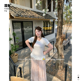 显瘦时尚 油菜 T恤女纯色修身 蕾丝拼接短袖 内搭上衣 YC63015大码