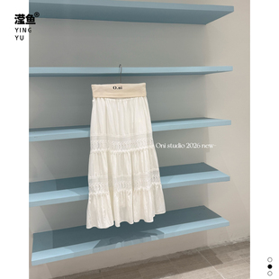 O.ni 78119大码法式温柔风白色蕾丝A字半身裙女高腰中长款气质裙