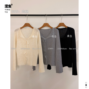 佐纳 5025大码V领蕾丝边系带针织衫女时尚百搭纯色收腰毛衣上衣