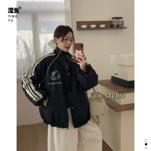 N F6528大码卡通风KT猫刺绣黑色棒球服棉服外套宽松休闲时尚百搭