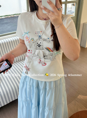 油菜 YC63041大码印花短袖T恤女纯色立体蝴蝶结甜美休闲风上衣