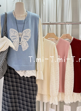 甜美可爱蝴蝶结针织马甲蕾丝打底衫两件套叠穿冬季新款TMI Q2756
