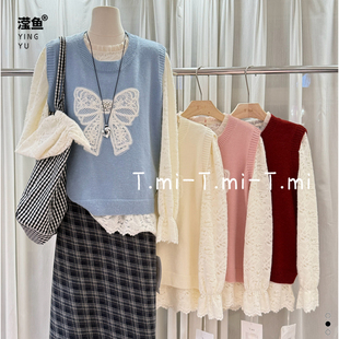 TMI 新款 Q2756 两件套叠穿冬季 甜美可爱蝴蝶结针织马甲蕾丝打底衫